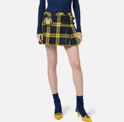 Elisabetta Franchi Skirts|Wool tartan pleated miniskirt with embroidered patch