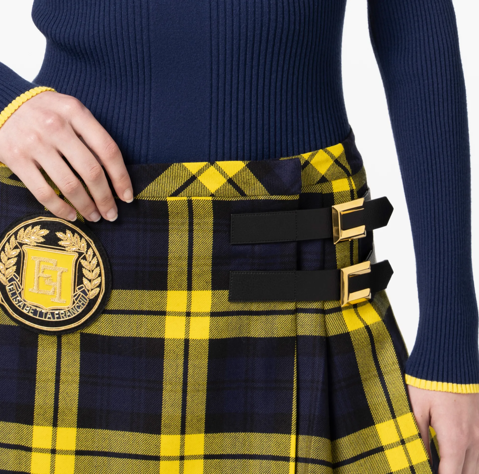 Elisabetta Franchi Skirts|Wool tartan pleated miniskirt with embroidered patch