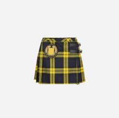 Elisabetta Franchi Skirts|Wool tartan pleated miniskirt with embroidered patch Navy/Mimosa