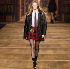 Elisabetta Franchi Skirts|Wool tartan pleated miniskirt with embroidered patch Navy/Mimosa