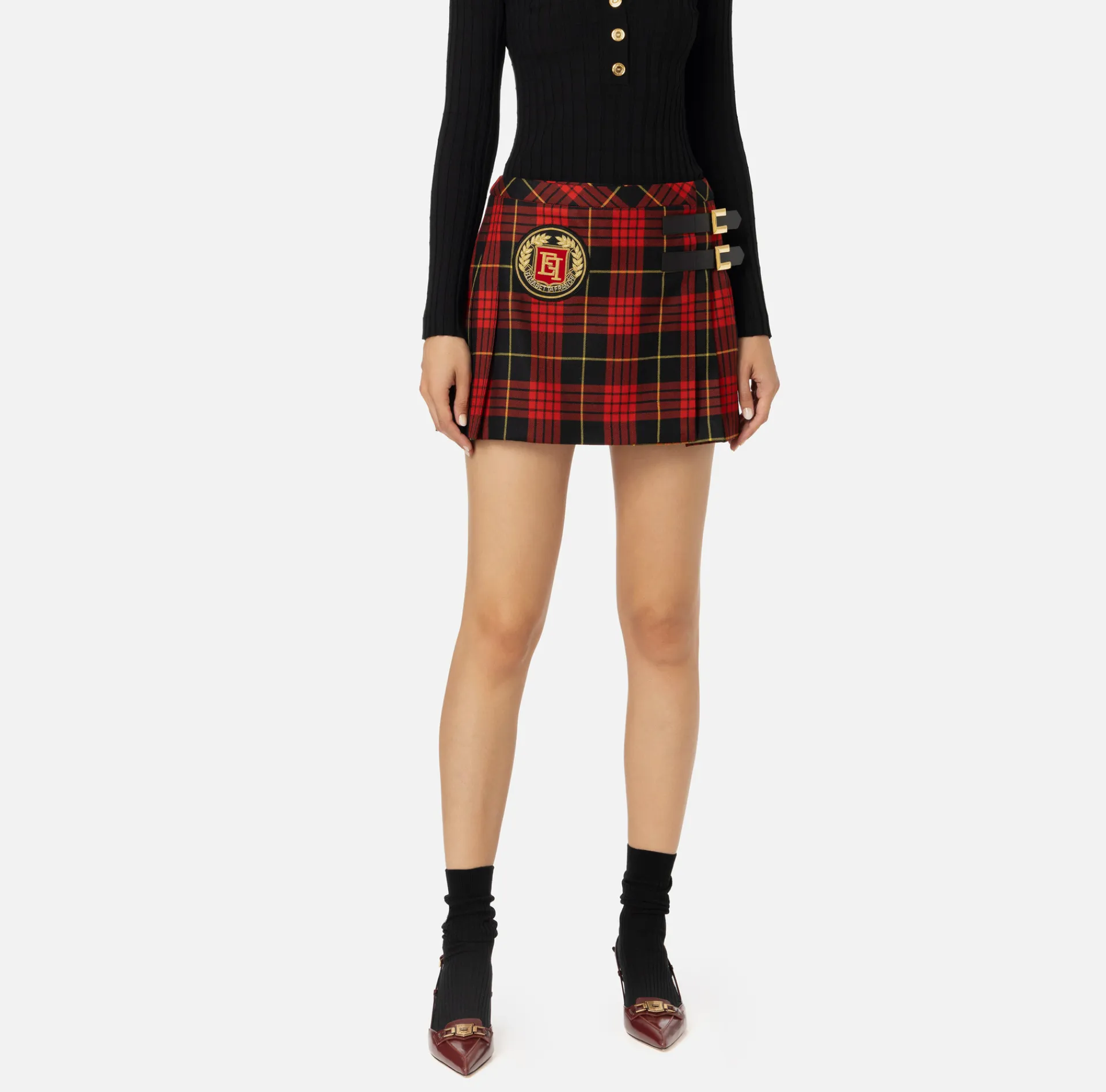 Elisabetta Franchi Skirts|Wool tartan pleated miniskirt with embroidered patch Black/RedPassion