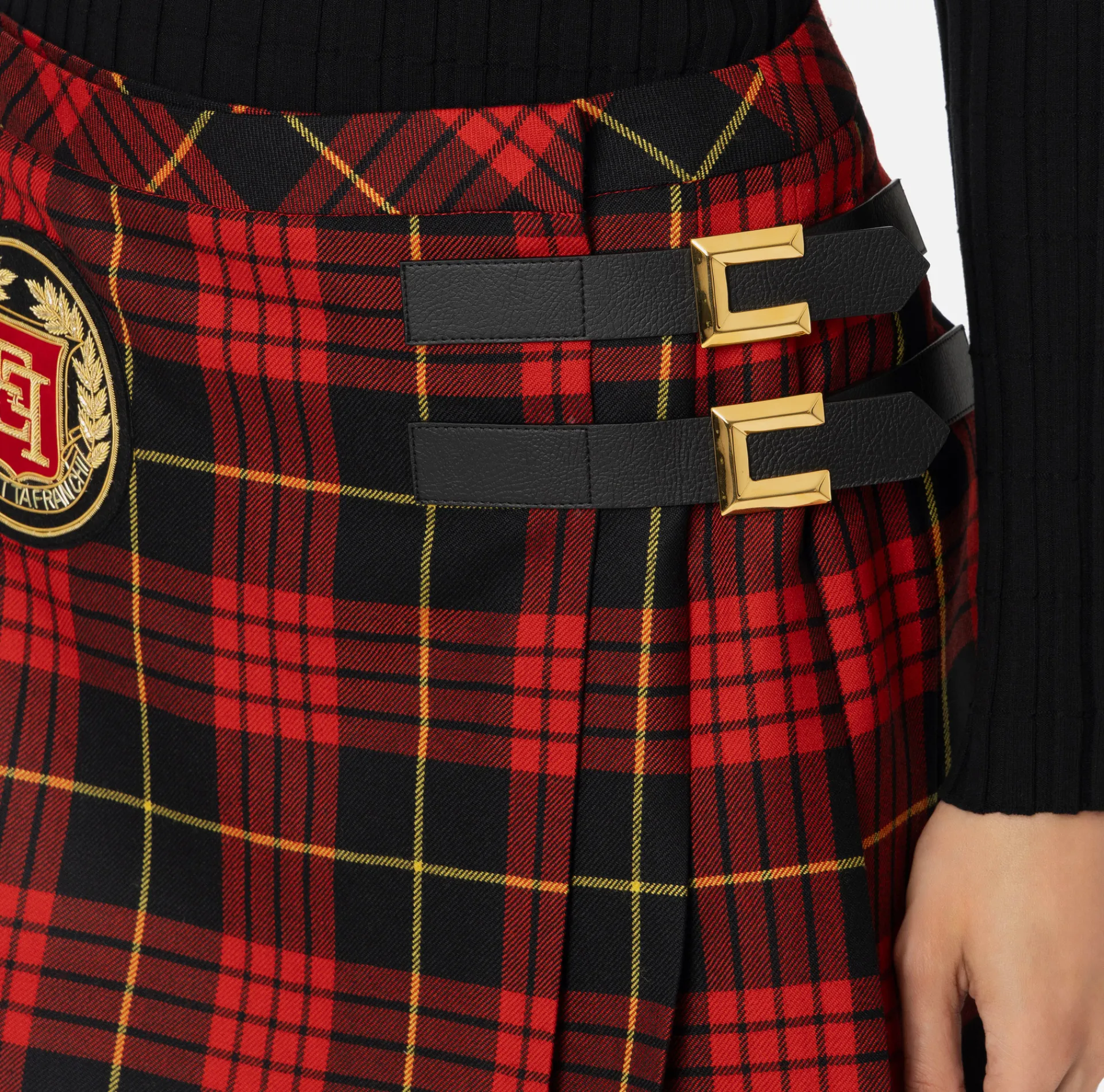 Elisabetta Franchi Skirts|Wool tartan pleated miniskirt with embroidered patch Black/RedPassion