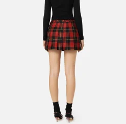 Elisabetta Franchi Skirts|Wool tartan pleated miniskirt with embroidered patch Black/RedPassion