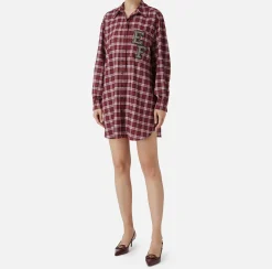Elisabetta Franchi Mini Dresses|Dresses|Wool tartan shirt dress with embroidered patch RedPassion