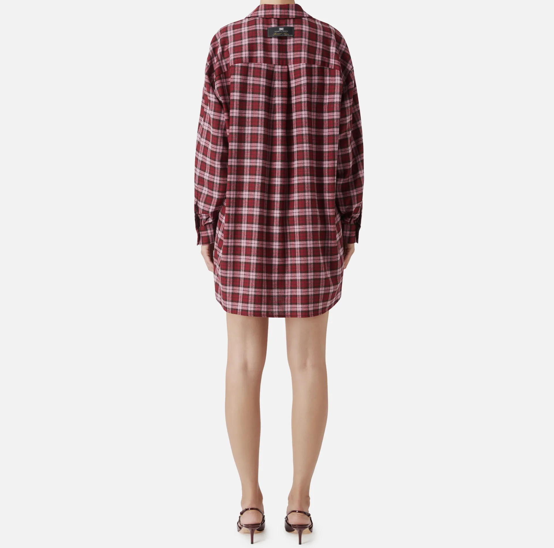 Elisabetta Franchi Mini Dresses|Dresses|Wool tartan shirt dress with embroidered patch RedPassion