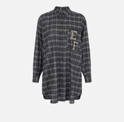 Elisabetta Franchi Mini Dresses|Dresses|Wool tartan shirt dress with embroidered patch Steel