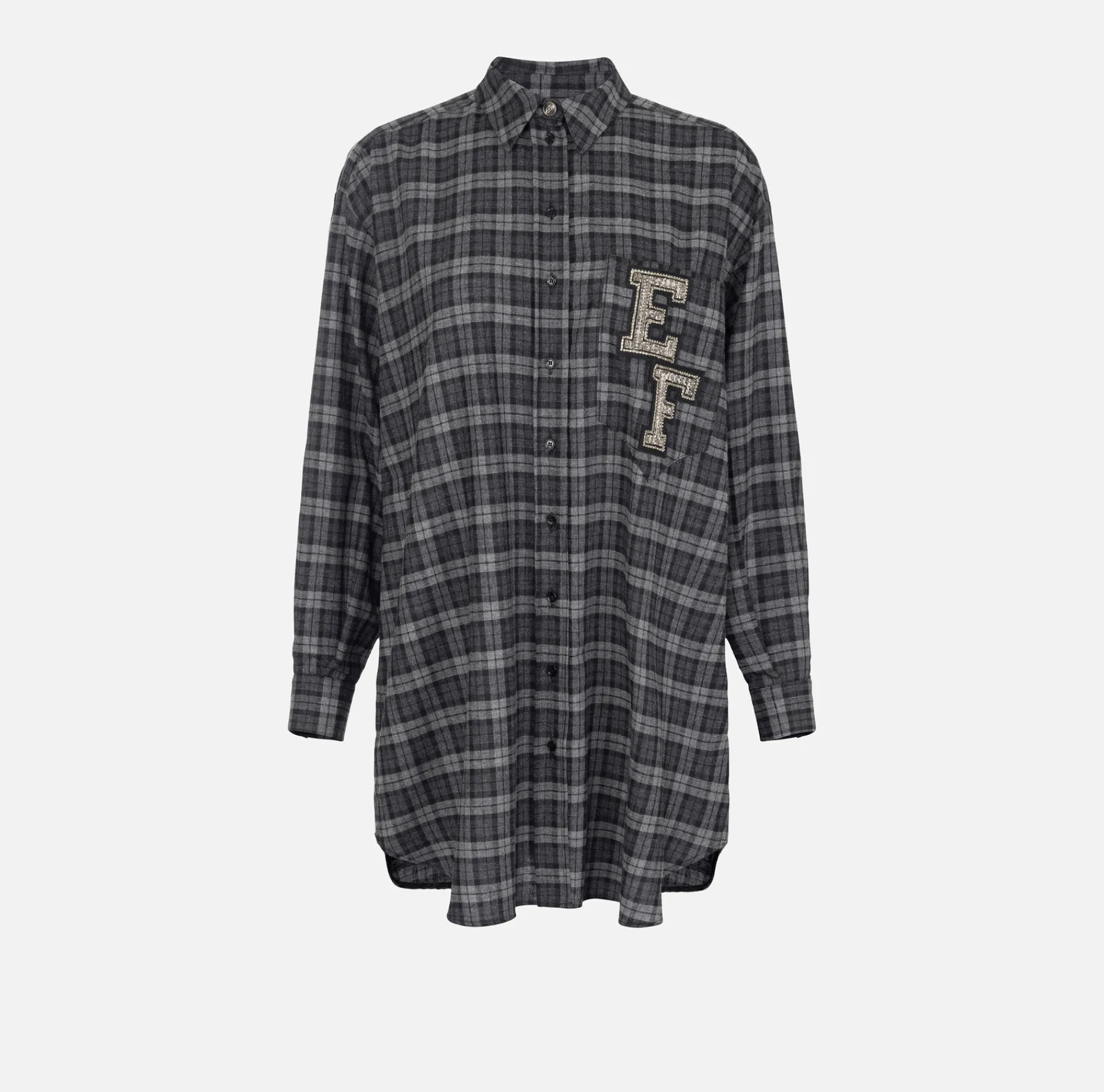Elisabetta Franchi Mini Dresses|Dresses|Wool tartan shirt dress with embroidered patch Steel