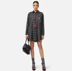 Elisabetta Franchi Mini Dresses|Dresses|Wool tartan shirt dress with embroidered patch Steel