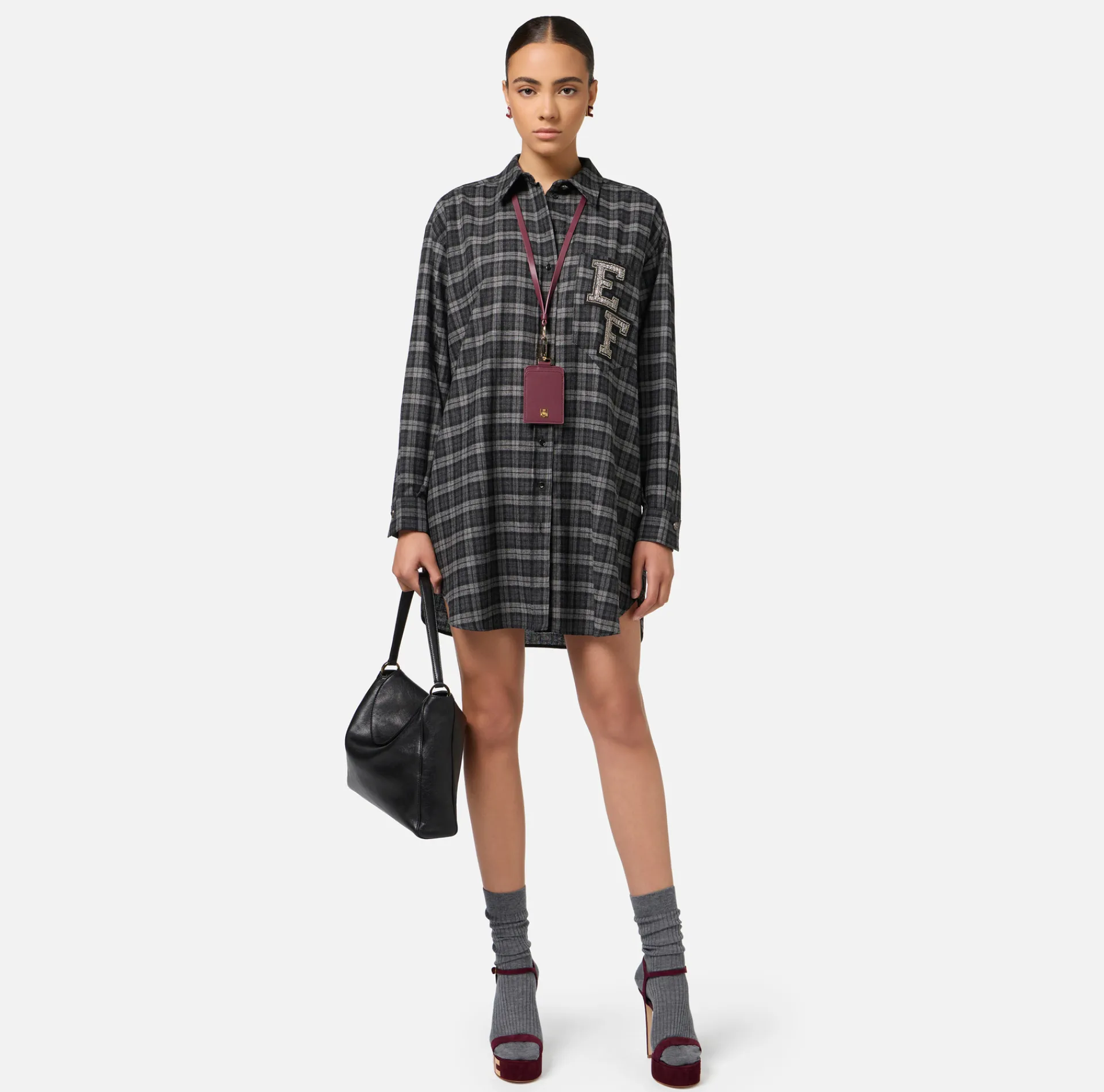 Elisabetta Franchi Mini Dresses|Dresses|Wool tartan shirt dress with embroidered patch Steel