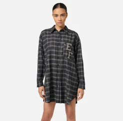 Elisabetta Franchi Mini Dresses|Dresses|Wool tartan shirt dress with embroidered patch Steel