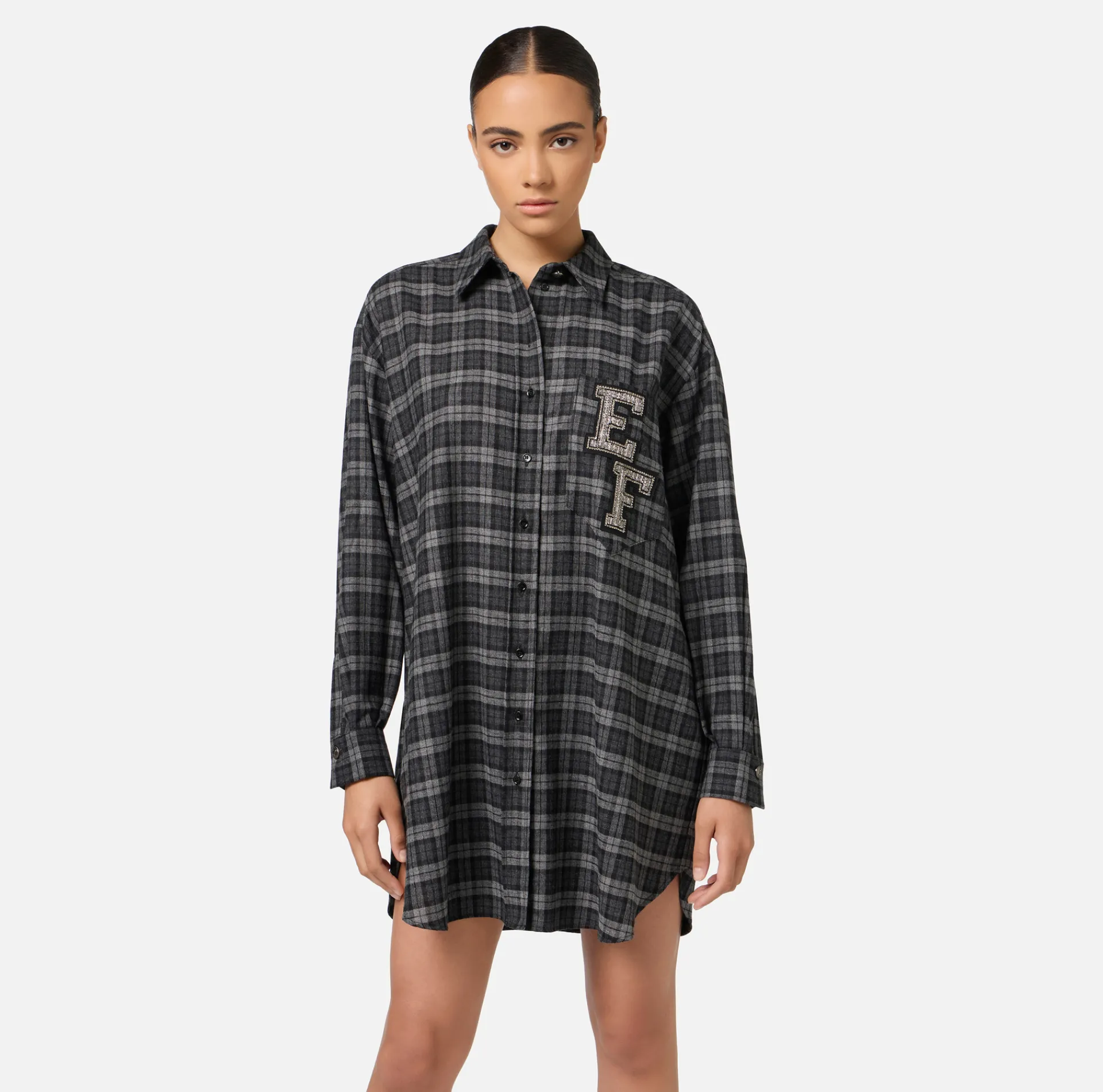 Elisabetta Franchi Mini Dresses|Dresses|Wool tartan shirt dress with embroidered patch Steel