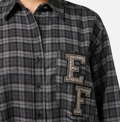 Elisabetta Franchi Mini Dresses|Dresses|Wool tartan shirt dress with embroidered patch Steel