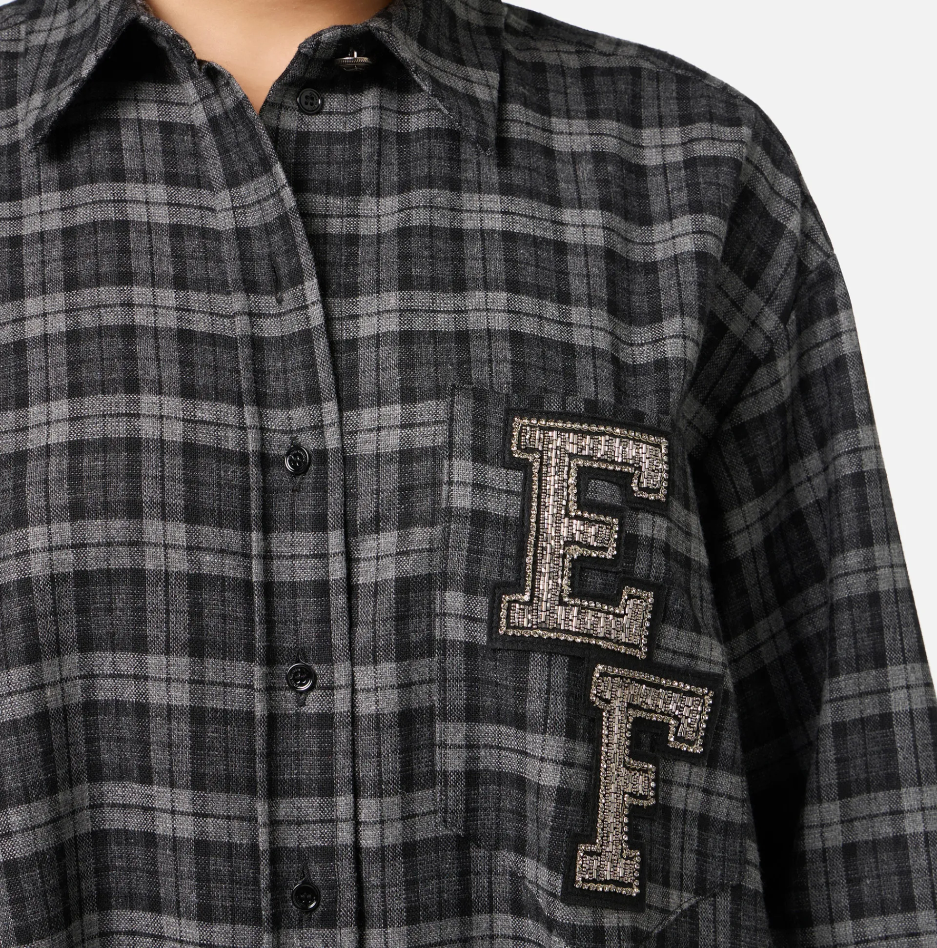 Elisabetta Franchi Mini Dresses|Dresses|Wool tartan shirt dress with embroidered patch Steel