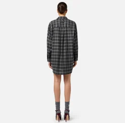 Elisabetta Franchi Mini Dresses|Dresses|Wool tartan shirt dress with embroidered patch Steel