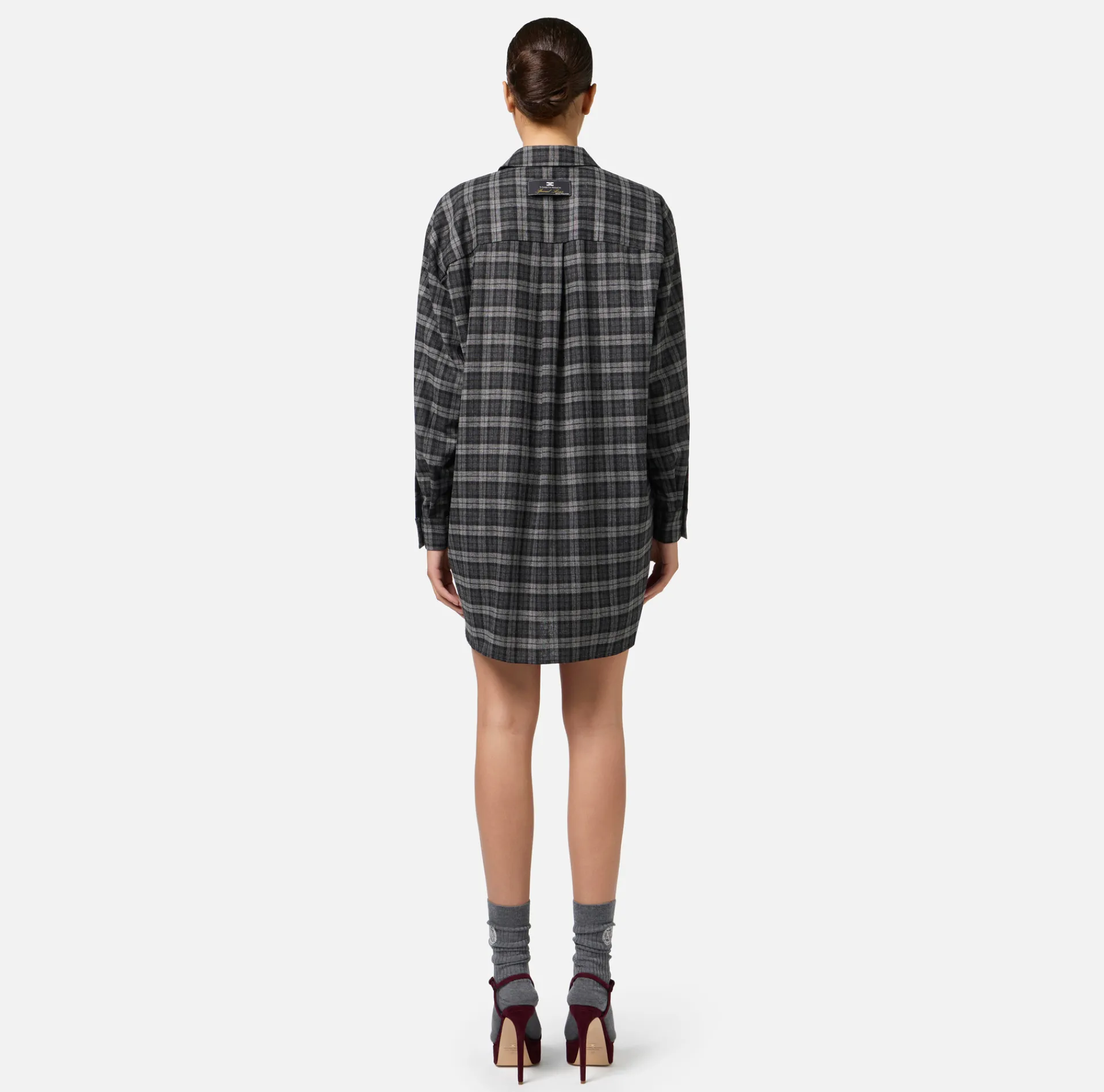 Elisabetta Franchi Mini Dresses|Dresses|Wool tartan shirt dress with embroidered patch Steel
