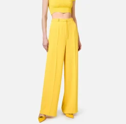 Elisabetta Franchi Trousers And Shorts|Woven crêpe straight fit trousers with logo plaque Mimosa