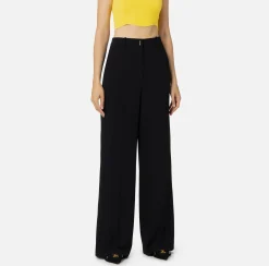 Elisabetta Franchi Trousers And Shorts|Woven crêpe straight fit trousers with logo plaque Black